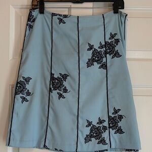 Y2K Blue Aline Skirt with Black Embroidered Flowers
